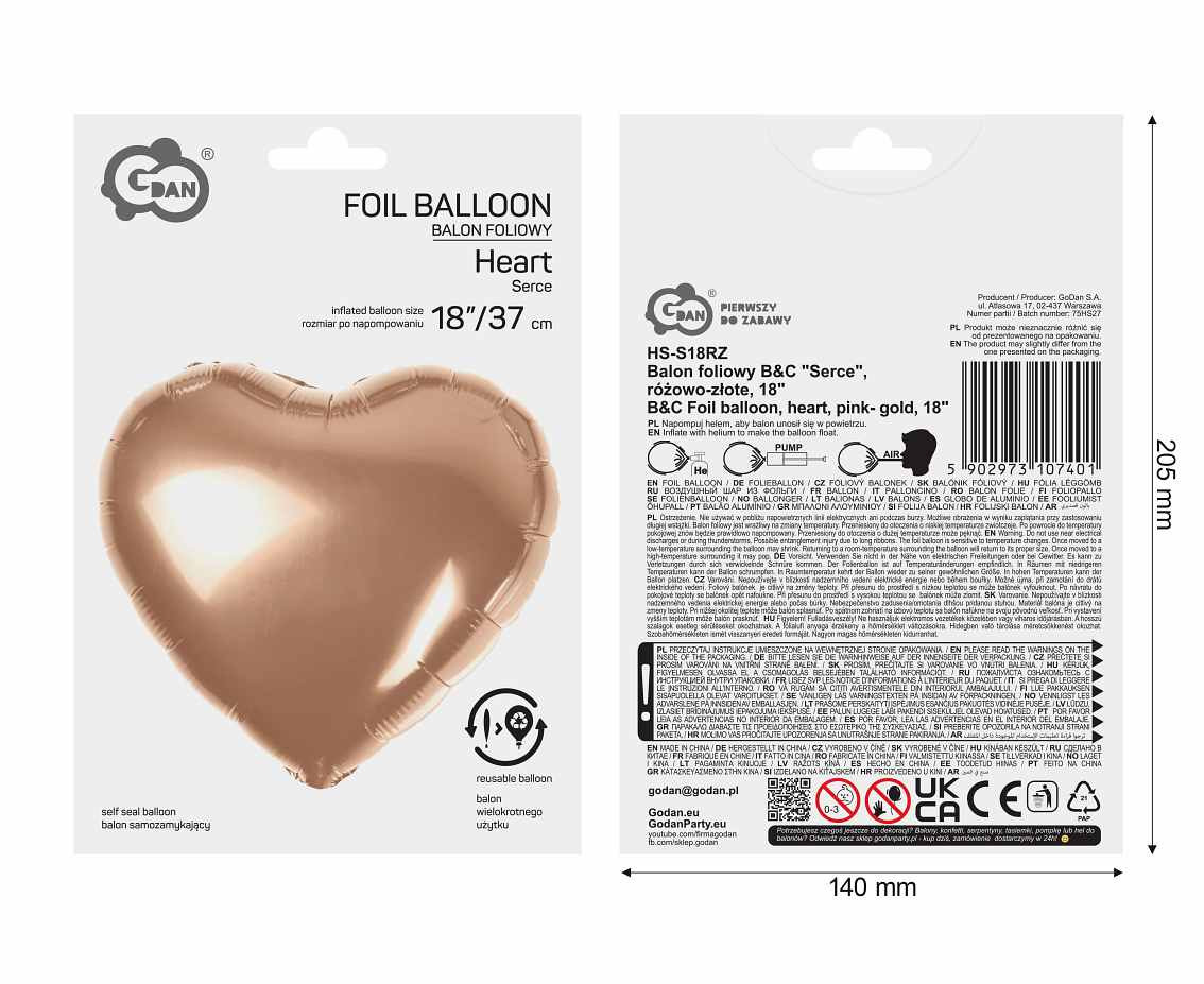 Foil balloon, heart, pink- gold, 18"